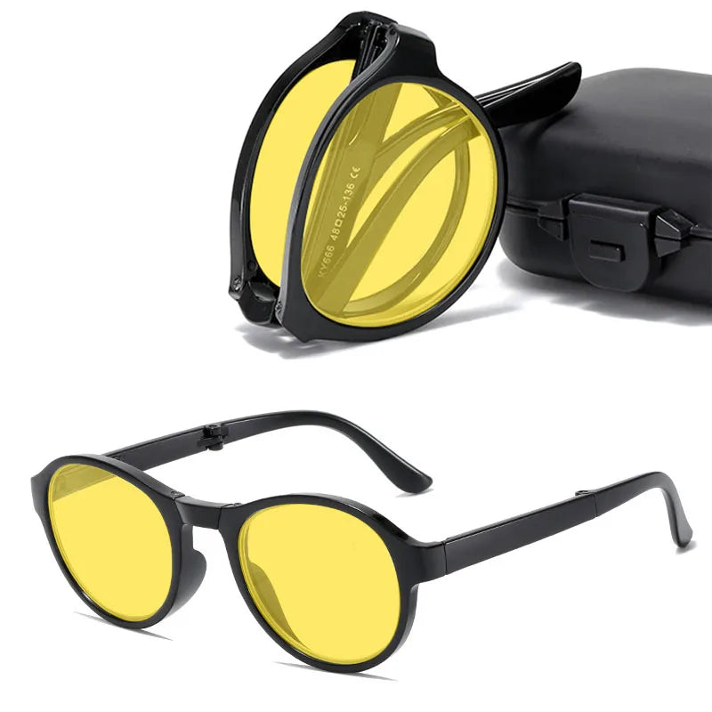 Foldable Night Vision Glasses with Box for Men Women round Ultralight Blue Light Blocking Eye Protection Eyewear for Driving